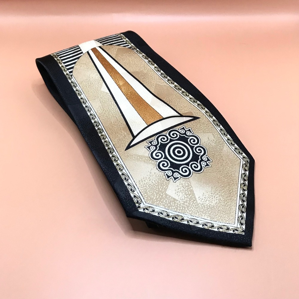 M Gian Mario Mens Necktie Black Gold Geometric Medallion Print Handmade Tie